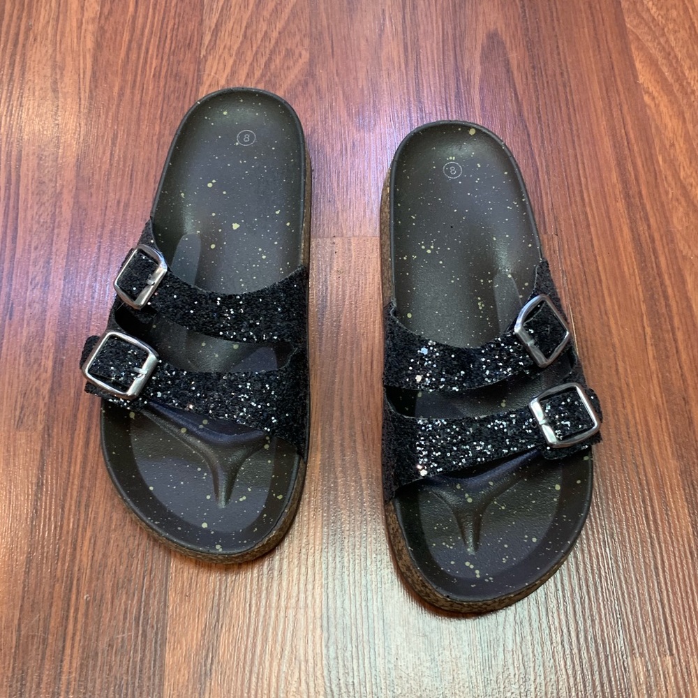 Glitter Double Strap Cork Slip On Sandals